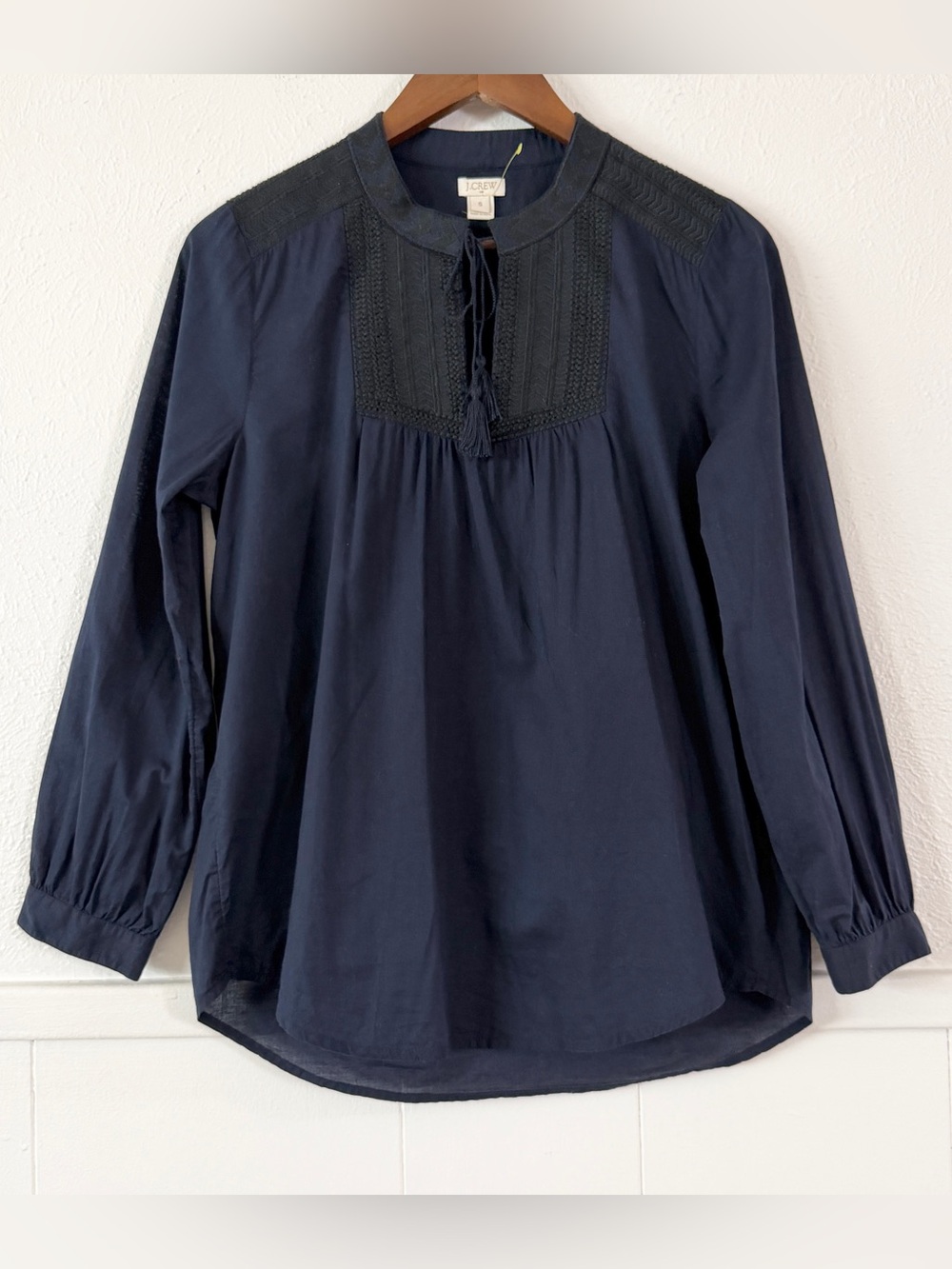 J.Crew Women’s  S Navy Blue Embroidered Bib Tassel Peasant Blouse Cotton NWOT